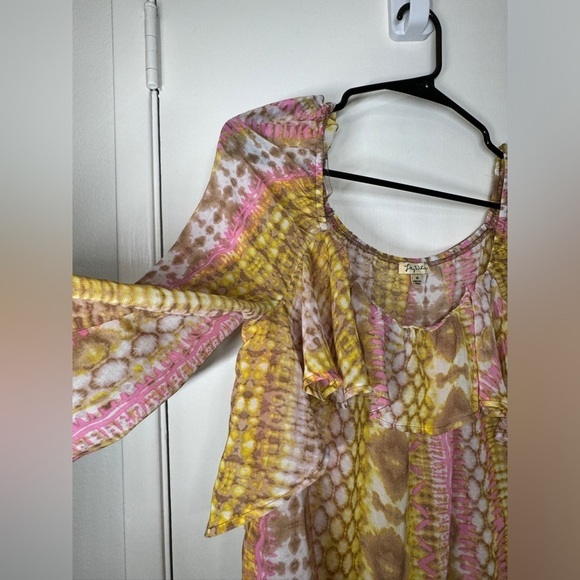 Lily White Semi Sheer Reptile Snake Print Pink White Yellow Ruffle Blouse Top M - Picture 2 of 13